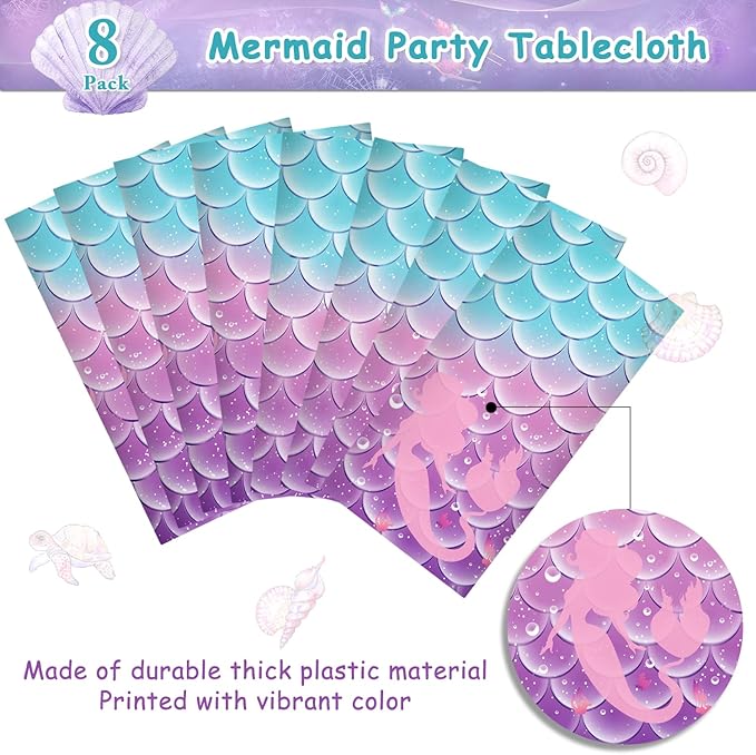 Jectivs 8Pcs Mermaid Birthday Party Tablecloth Decorations,Disposable Plastic Table Cover for Princess Under The Sea Baby Shower Themed Birthday Party Supplies,108x54 Inch