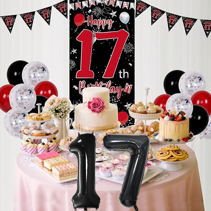 17th Birthday Decorations for Boys, Red Black Happy 17th Birthday Balloons Decorations for Girls, Boy 17 Year Old Door Banner, Triangle Flag, Large 17 Balloons Decor for 17 Bday Party Supplies