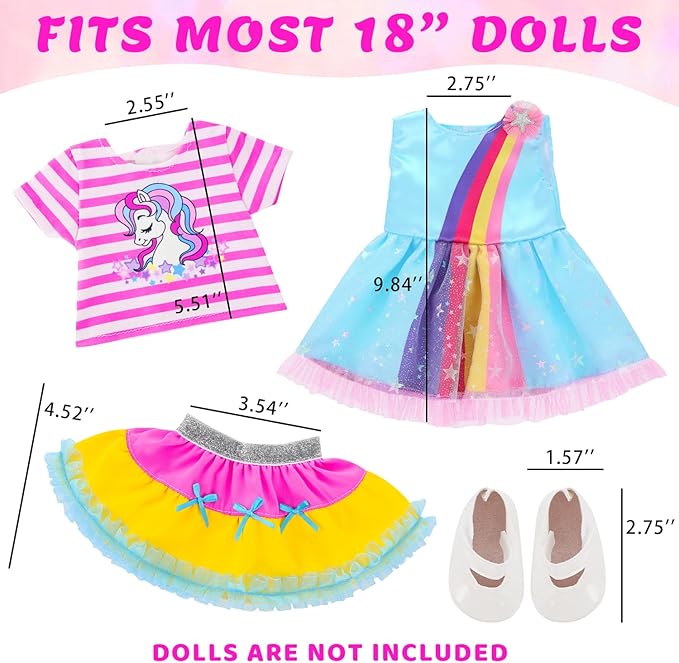 18 Inch Amercian Doll Clothes, 2 Set Girl Doll Clothes and Accessories for 18 Inch Dolls 7 Pcs Include Dress, Hair Clip , Phone, Shoes, Sticker, Top and Mini Skirt