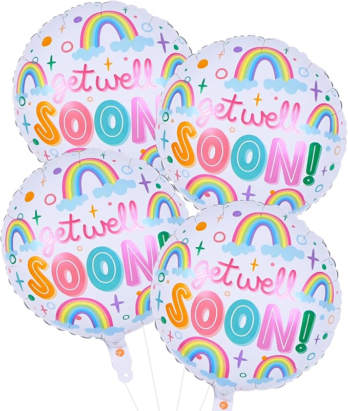 18 Inch Get Well Soon Foil Balloons Set, 4pcs Mylar Round Rainbow Balloon with GET WELL SOON Letter Print Helium Balloons for Kids Adults Hospital Recovery Cheer Up Thinking of You Party Decorations