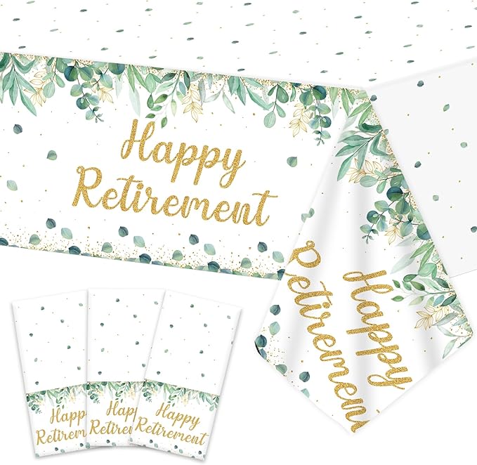 3Pcs Sage Green Retirement Party Supplies Greenery Happy Retirement Party Tablecloths Gold Green Going Away Parties Decorations Table Covers for Men Women Coworker Goodbye Parties Favors 107 x 54 Inch