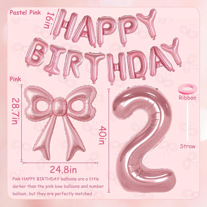 Bow Number 2 Birthday Balloons, 40” Pink Aluminum Foil Balloons Happy Birthday Balloon for Girl 2nd Birthday Party, Princess, Coquette Party Decorations Supplies