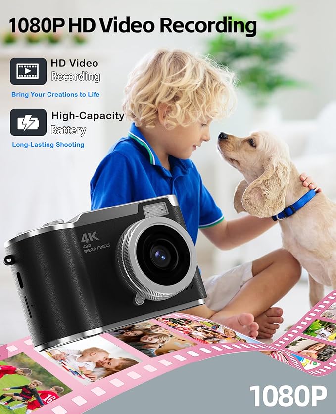 Kids Camera,4K Digital Camera for Photography,48MP 1080P HD Video Selfie Camera,with 180° Flip Screen Flash,with 32GB SD Card,for Starter Kid Children Teen Student Girl Boy(Black)