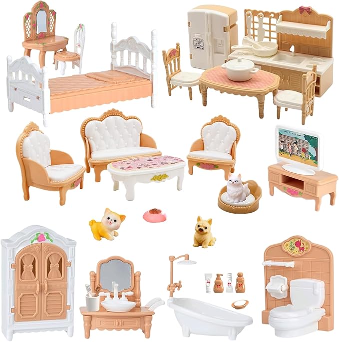 36Pcs Dollhouse Furniture Set,Miniature 1:12 Scale Dolls House Accessories with Cat,Dog,Kitchen, Dining Room, Living Room,Bedroom for Playhouse Toy(Beige)
