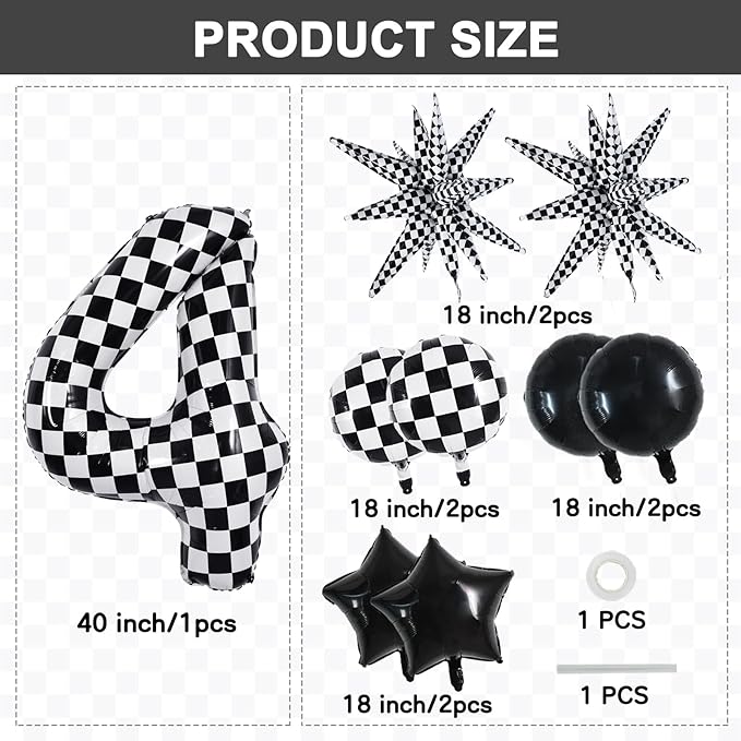 TONIFUL 40 Inch Checkered 4th Birthday Balloons Set Number 4 Race Car Black Black White Checkered Round Explosion Star Balloons Boys Race Car Themed Birthday Party Decoraction