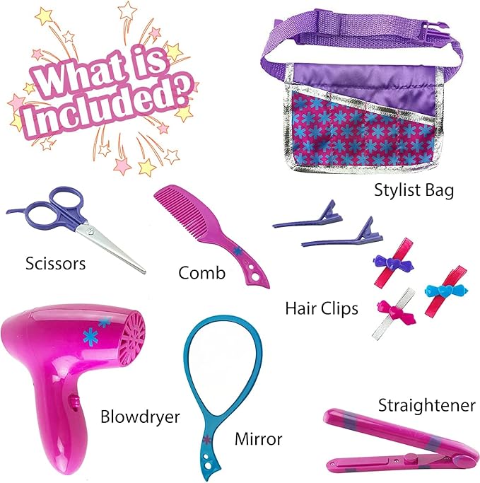 Beauty Hair Stylist Set - Boutique Beauty Salon Fashion Pretend Play Set for Girls with Toy Blow Dryer, Curler, Scissors, Comb, Mirror & Other Styling Tools