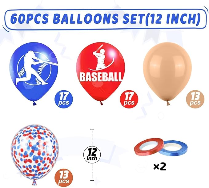 Baseball Balloons, 60Pcs 12 Inch Red Blue Brown Confetti Baseball Party Balloons for Kids Boy Baseball Birthday Sport Party Decorations Sports Themed Baby Shower Graduation Party Supplies