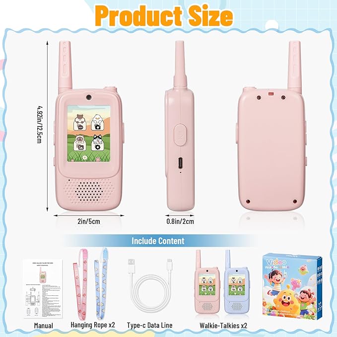 Video Walkie Talkies for Kids, 2 Pack Rechargeable Walkie Talkies with HD Camera, Photo & Voice Changer, Long Range, Indoor & Outdoor Play, Interactive Toys Birthday Gifts for Boys Girls Ages 3-12