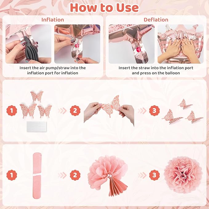 Ouddy Life Rose Gold Birthday Party Decorations for Women Girls, Happy Birthday Banner, Pink Foil Confetti Balloons, Fringe Curtain, Cake Topper, Pompoms, Princess Wedding Baby Shower Party Supplies