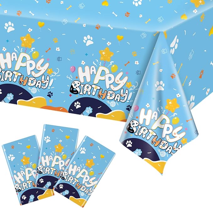 Oudain 3 Pack Blue Dog Party Tablecloth Dog Them Birthday Decor 108'' × 54'' Blue Yellow Plastic Table Cloth Puppy Paw Prints Bone Disposable Rectangle Table Cover for Baby Shower Party Supplies