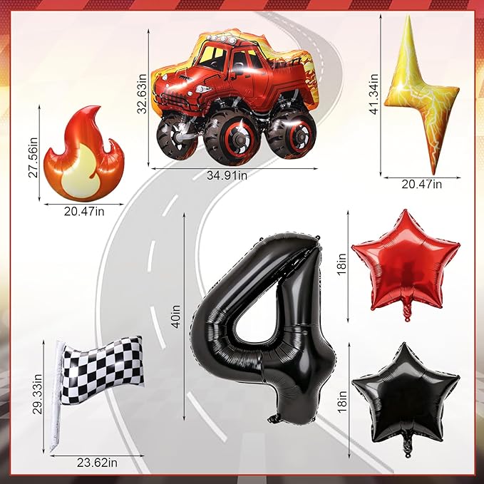 Truck Number 4 Balloons, Huge Truck Flags Lightning Flame Stars Aluminum Foil Balloons for 4th Birthday, Race Car Theme Party Decorations Supplies