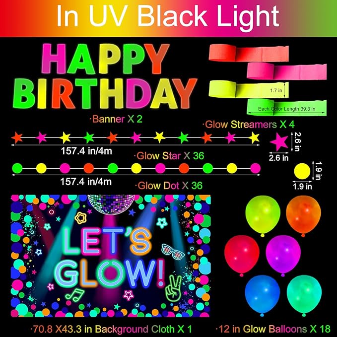 Glow in the Dark Party Supplies - Let’s Glow Backdrop, UV Banner, Balloons, Paper Streamers, Neon Garland for Blacklight Neon Birthday Party Decorations
