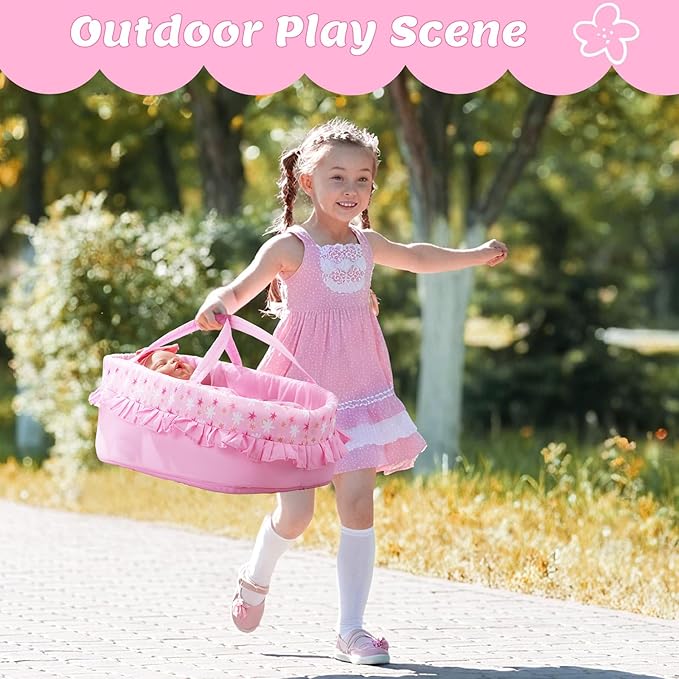 GAGAKU 18 Inch Doll Bassinet - Baby Doll Bed with Carry Handle & Pink Accessories Set for Girls & Kids, Reborn Baby Dolls Accessories