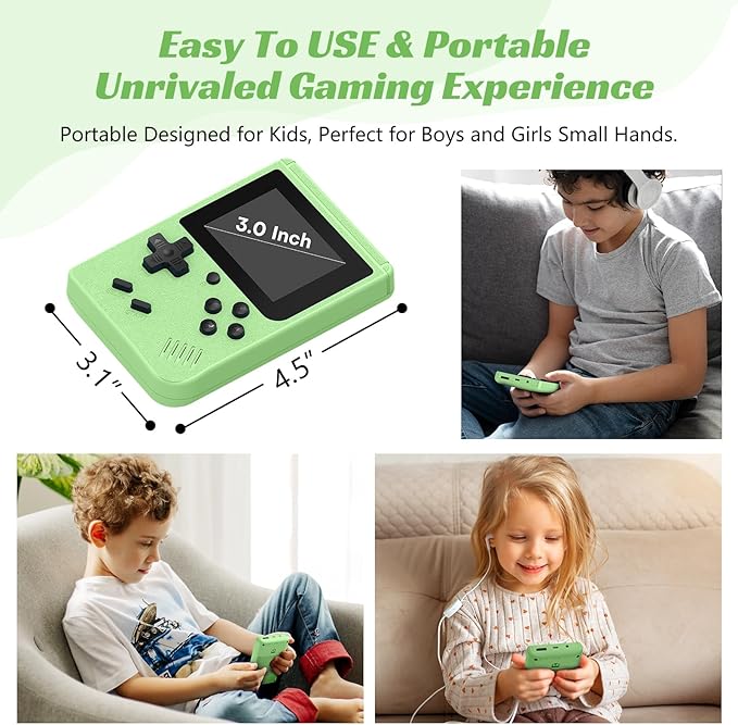 Retro Handheld Games Console, Built-in 400 Video Games,Portable Video Gaming Player with 3.0 Inch IPS Screen and Rechargeable Battery (Green)