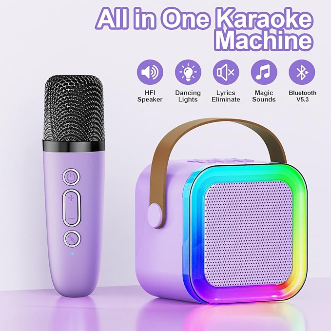 Mini Karaoke Machine for Kids & Girls with 2 Wireless Microphones, Portable Bluetooth Speaker, Christmas Birthday Gift Toy for Boys Toddlers Ages 3, 4, 5, 6, 7, 8, 9, 10, 11, 12+ Years Old (Purple -2)