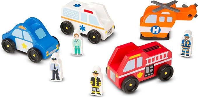 Melissa & Doug Emergency Vehicle Wooden Play Set with 4 Vehicles, 4 Play Figures