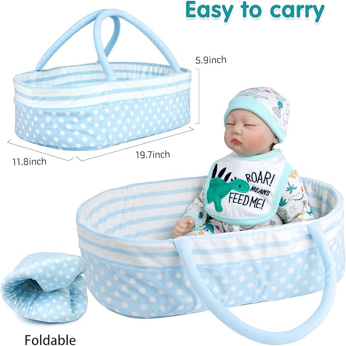 Reborn Baby Dolls Clothes Boy Blue Dinosaur Theme Accessories 13 Pcs Outfit Set for 17-22 Inch Newborn Baby Doll Boy with Blue Dot Bassinet