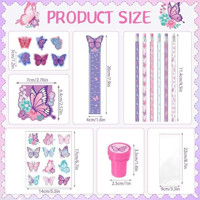 Pajean 168 Pcs Butterfly Party Favors Set Butterfly Fairy Stationery Bulk for Kids Purple Pink Pencil Notebook Ruler Stamp Goodie Bag Stuffers for Spring Birthday Tea Party Items Rewards