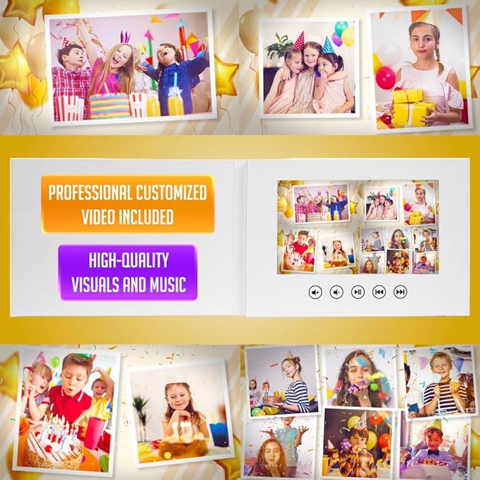 Unique Birthday Video Card for Kids – Personalized with Photos – Playable Slideshow Greeting – 7” LCD, 256MB Memory, Rechargeable Battery, Gift Ready Packaging