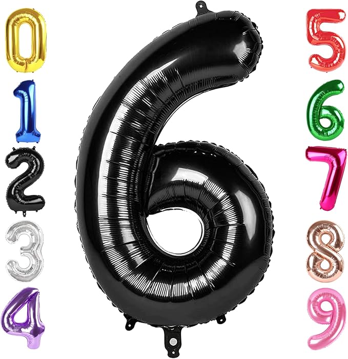 40 Inch Black Number 6 Balloon, Giant 6 Number Balloons for 6th Birthday Decorations, Party Supplies for Baby Boy Girl, Black Party Decor