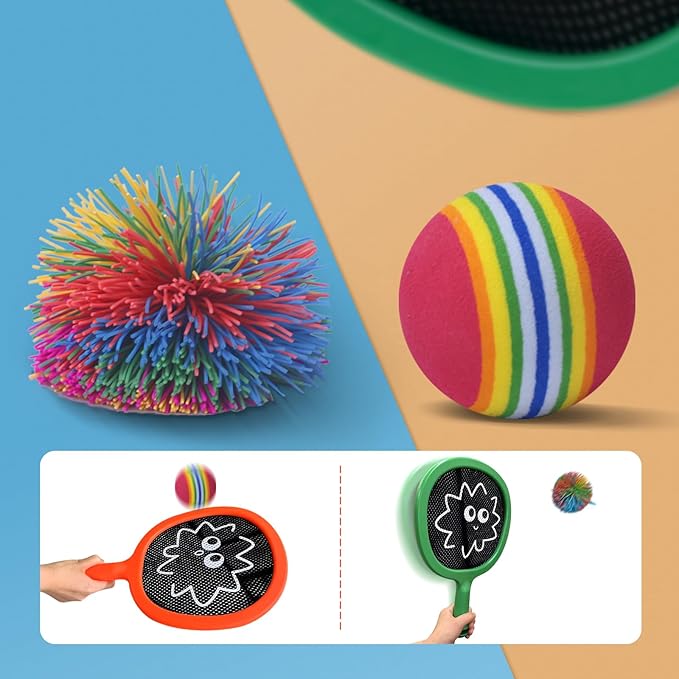 Portable Paddles and Bouncy Balls Set for Kids or Adults’ Indoor Outdoor Activities, Sport Game for Beginner or Intermediate, Swing Racket in Beach Pool Backyard Playground Lawn Park or Court