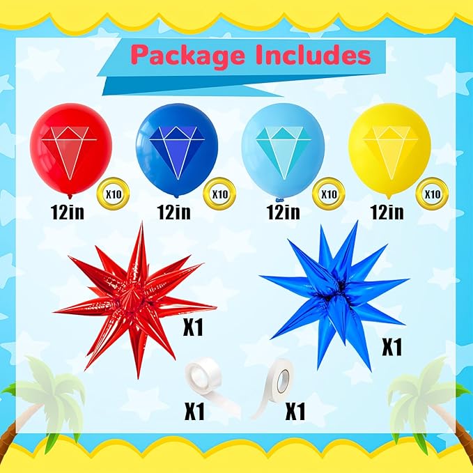 Red Blue Gold Balloon 44Pcs 12 Inch，Cute Diamond Print Balloons for Cartoon Themed Birthday Party Decorations Boys Girls Gatherings Party Supplies