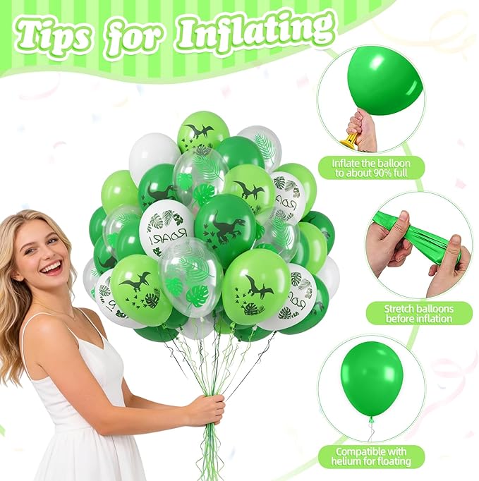 FunHot Dinosaur Balloons, 50 Pcs Dino Printed Balloon, 12 Inch Fruit Green White Latex Balloons, Leaf Printed Transparent Balloon for Boy Baby Shower Birthday Dino Themed Jungle Woodland Party Decor