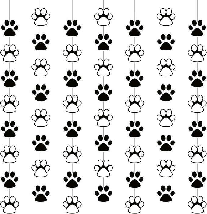 Duraaamo 8 Pack Dog Party Banner Decorations Paw Paper Garland Pet Birthday Paper Hanging Cutouts Black White Dog Paw Banners for Kids Let's Pawty Pet Birthday Party Supplies Decor