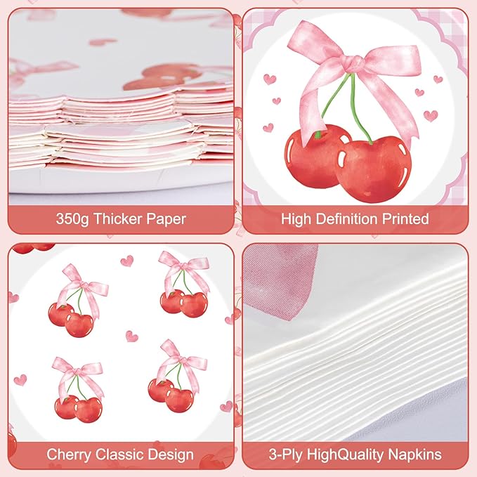 40 Pcs Cherry Birthday Decorations - Pink Bows Plates and Napkins Party Supplies, Disposable Scalloped Bowknot Paper Dinner Plates Napkins Sets for Fruits Cherry Table Party Decor Favors, Serves 20