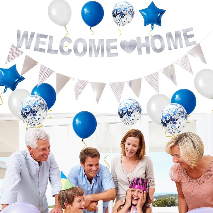 Welcome Home Decorations,Blue Silver Welcome Home Balloons Banners Set,Welcome Home Glitter Banner with Confetti Balloons,Pennant Flag Bunting for Home Family Baby Shower Party Supplies