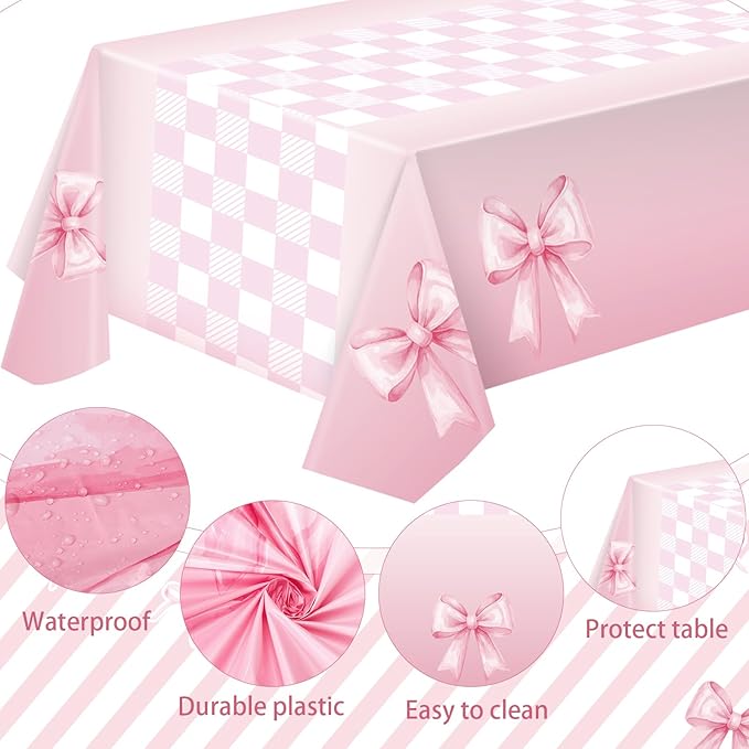 Zhehao 2 Pcs Pink Ribbon Tablecloth 54 x 108'' Coquette Table Cover Pink Bow Birthday Decorations Plastic Disposable Table Cloth for Girls Women Party Supplies