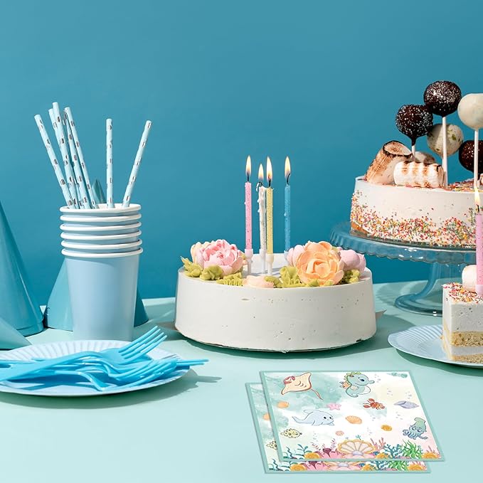 40 Pack Under The Sea Paper Napkins - 6.5x6.5 Inches Disposable 2-Ply Ocean Theme Party Napkins for Summer Beach, Baby Shower Decorations & Under The Sea Dinner Party Supplies