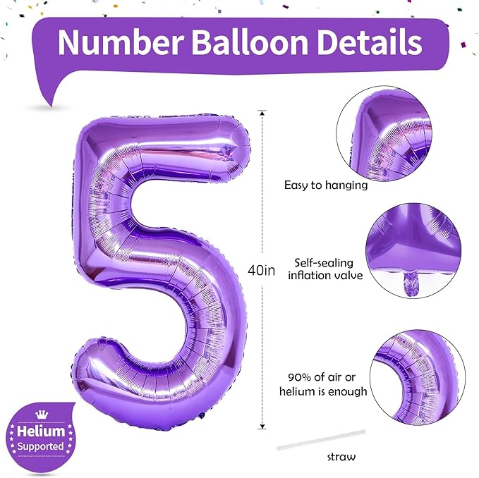 40 Inch Purple Number Balloons, Giant Self Inflating Foil Girls 5th Birthday Number Balloon Decor, for 15th Birthday Party Decoration Women Anniversary Graduation Party Decorations Supplies