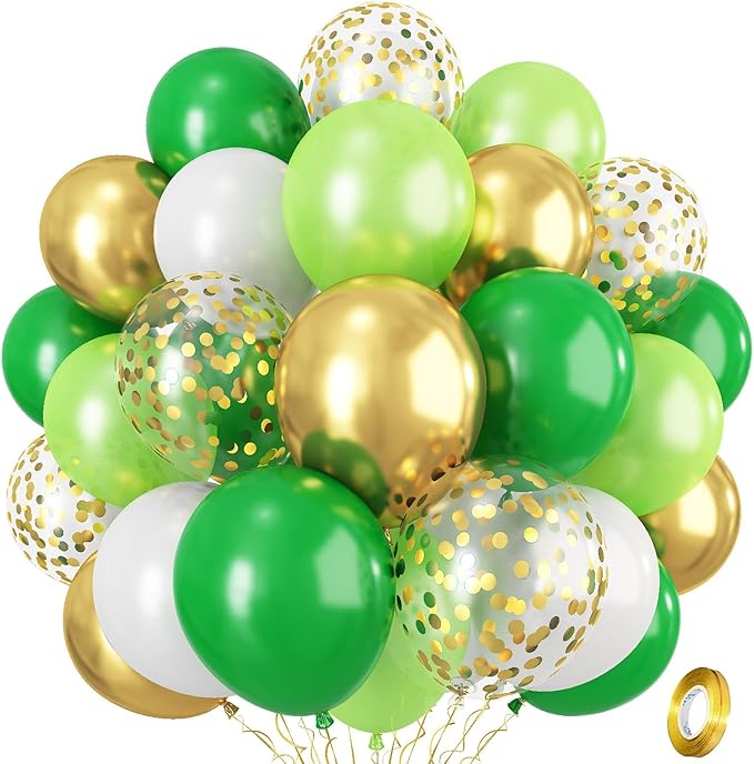 Green Gold Balloons Set, Dark Green Pearl Lime Green Metallic Gold White with Confetti Latex Balloons, Light Green Gold White Balloon for Jungle Dinosaur Birthday Baby Shower Wedding Party Decorations