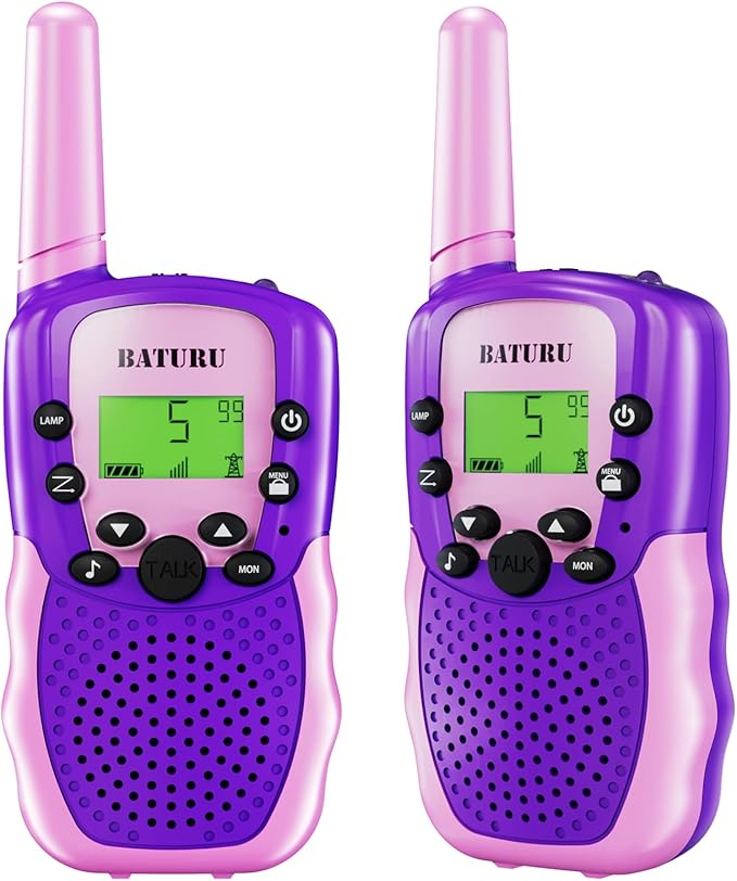 BATURU Walkie Talkies for Kids 2 Pack Purple, Girls Toys Age 6-8 8-10 Birthday Gifts, Indoor Play, Outdoor Camping & Hiking, Toddler Walkie Talkies Age 3-5, Easy to Use, 22 Channels, 3 Miles Range
