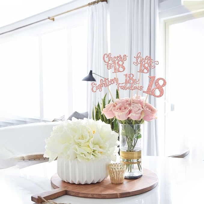 15PCS Happy 18th Birthday Centerpiece Sticks Eighteen Hello 18 Cheers to 18 Table Flower Centerpieces Sticks Happy 18 Fabulous Floral Decorations for 18th Birthday Party Centerpieces Rose Gold