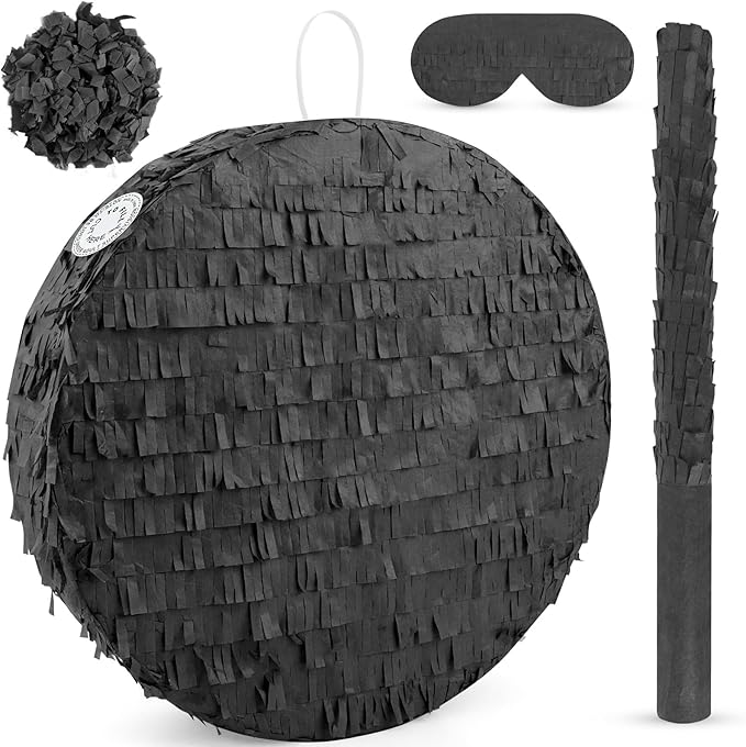 Black Round Pinata with Stick Blindfold and Confetti DIY Blank Pinata for Adults Kids Birthday Party Supplies Christmas Carnivals Decorations