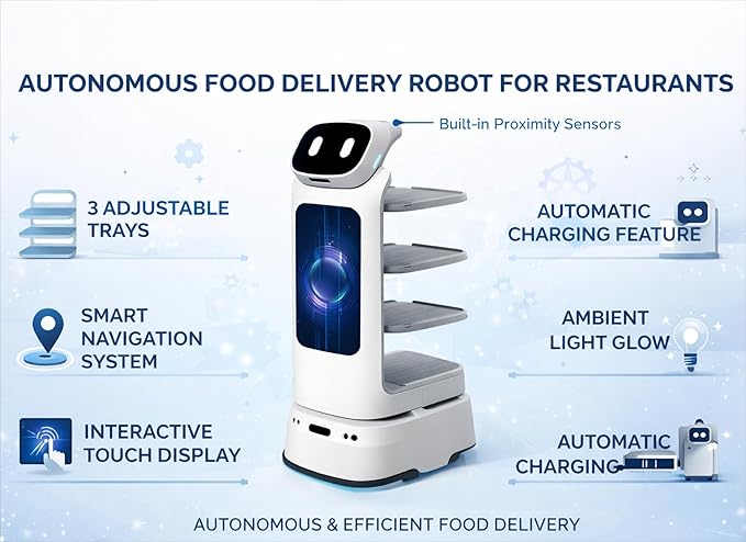 Autonomous Commercial Robot for Food Delivery in Restaurants & Cafes, Multi-Tray Smart Delivery Robot with Navigation & Obstacle Avoidance Technology for Efficient Service Operations