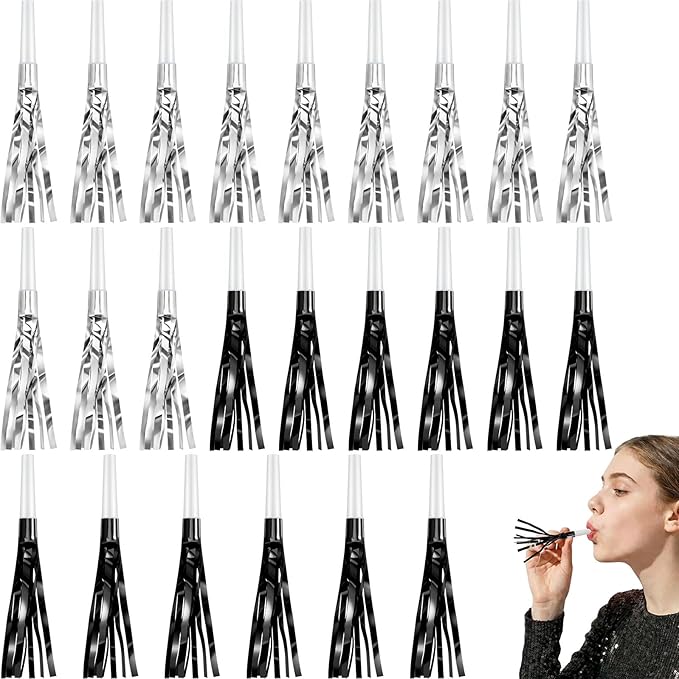 Sumind 24 Pcs Black and Silver Noise Makers Glitter Noise Makers Metallic Fringed Party Blowers for Adults Birthday Graduation Sporting Events 2026 New Years Party Favor Supplies