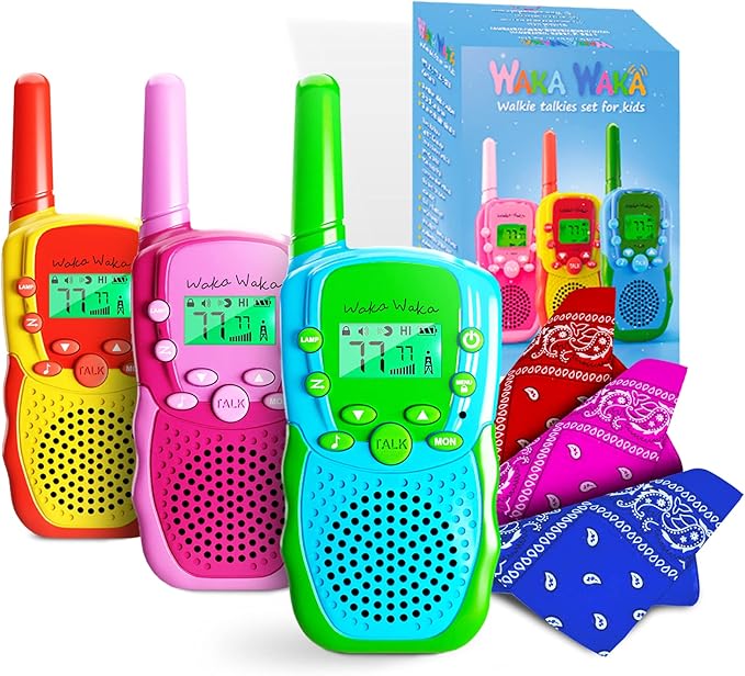 Waka Waka Walkie Talkies for Kids (3 Pack, Yellow, Red, Green) — Long Range Two-Way Walkie Talkie Set with Bandanas and Whistles Included — Great for Indoor or Outdoor Play — Gift for Boys and Girls