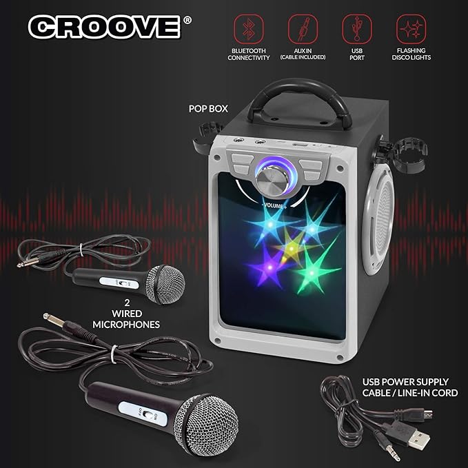 Croove Rechargeable Karaoke Machine For Kids - Incl. 2 Microphones with Flashing Disco Lights, Bluetooth, AUX & USB Ports Singing Machine for Children, Best Birthday Gifts for Boys & Girls Of All Ages