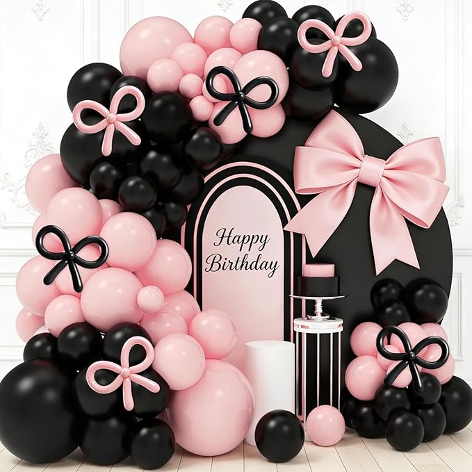 125 Pcs Black and Pink Balloon Garland Arch Kit Include 18in 10in 5in Pink Black Bow Balloons for Pink Bow Birthday Baby Shower Gender Reavel Wedding Party Decorations