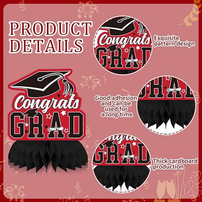 10 PCS Graduation Party Decorations Class of 2026,Congrats Grad Honeycomb Centerpiece Red and Black Congratulate Graduation Table Toppers for Graduation Party Favor Supplies