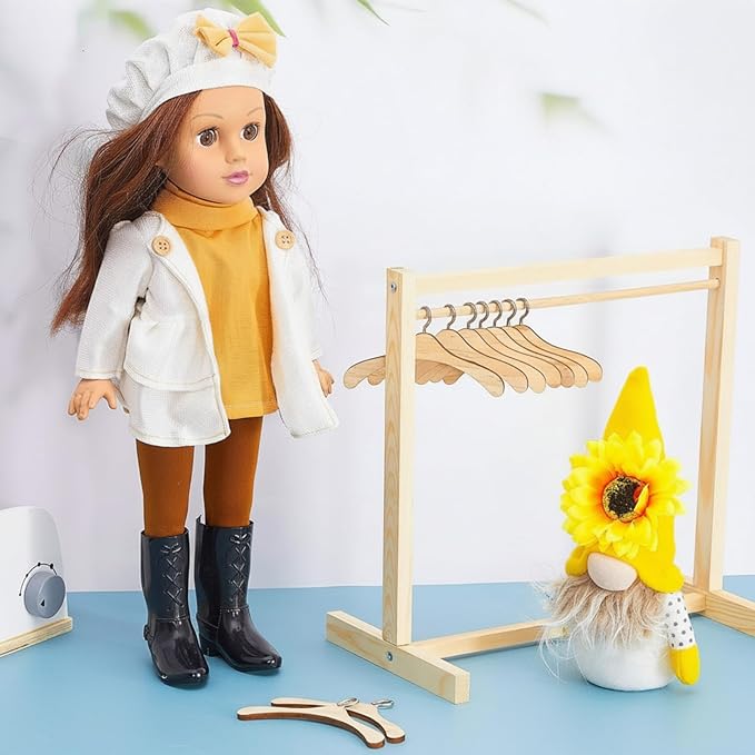 Civaner 22 Pcs Doll Garment Rack with Wooden Clothes Hanger for 18 Inch Girl Doll Clothes Mini Hangers Wardrobe Furniture Accessories for Dollhouse Baby Shower Supplies (Wood)