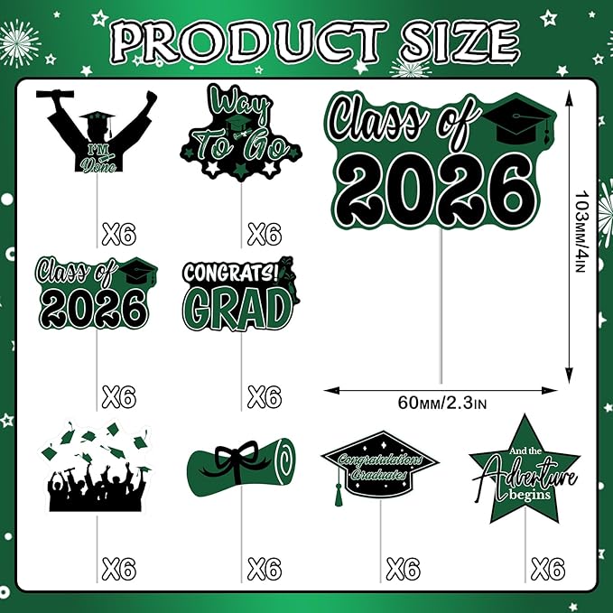2026 Graduation Cupcake Toppers - 48 Pcs Green Graduation Party Supplies Mini Cake Food/Appetizer Picks For Class of 2026 Grad Decorations