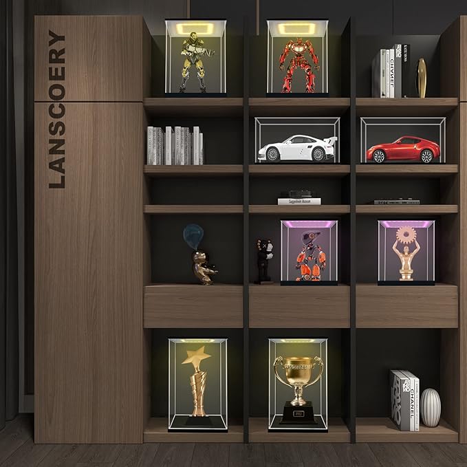LANSCOERY RGB Lighted Acrylic Display Case, Dustproof Showcase Box with UV Protection for Figures, Collectibles, Toys - 9.8x9.8x13.8inch