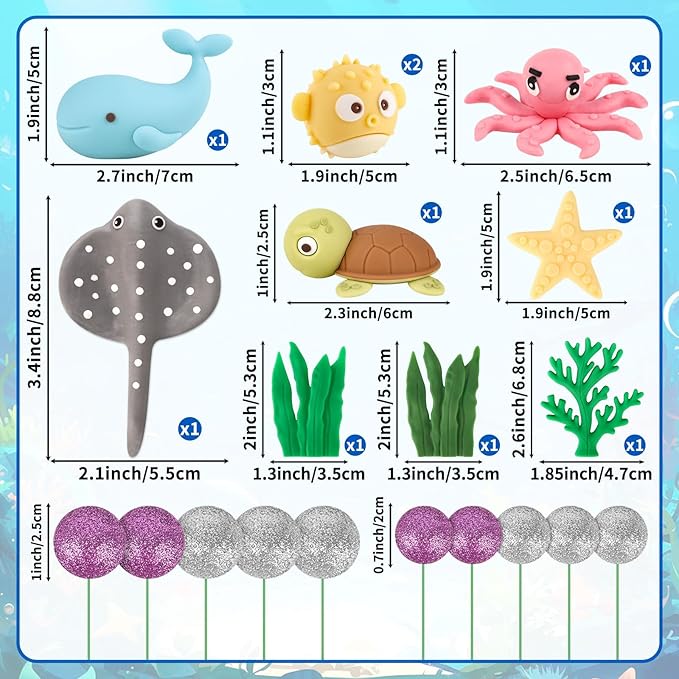 Hooqict 20Pcs Sea Ocean Cake Decorations Set with Mini Octopus, Turtle, Fish, Sealife, Under the Sea Cake Toppers for Underwater World Ocean Animals Theme Baby Shower Birthday Party Decorations
