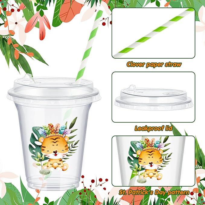 Boao 36 Set Jungle Safari Animal Themed Party Favors Plastic Cups 14 oz Birthday Party Supplies Cups with Plastic Lids and Paper Straws for Jungle Safari Animal Theme Birthday Gift