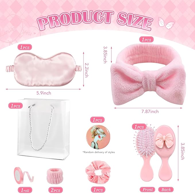 9 Pcs Sleepover Party Supplies for Girls Include Spa Headband Sleep Eye Mask Pink Scrunchie with Coquette Bow Mirror Hair Comb Gift Bags for DIY Spa Sleepover Slumber Wedding Birthday Party Favors