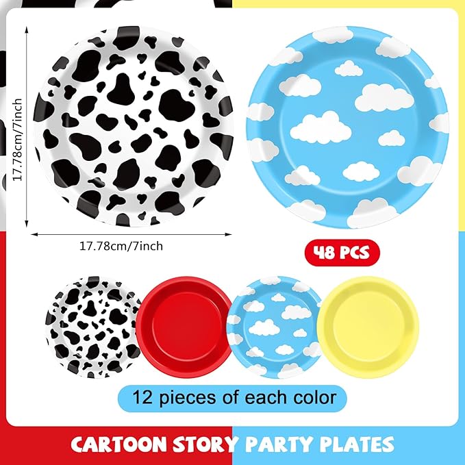 48Pcs Cartoon Story Birthday Party Paper Plates for Toy Inspire Game Story Table Supplies 7" Cow Print Sky Blue Cloud Disposable Dessert Tableware for Kids Birthday Baby Shower Party Decorations